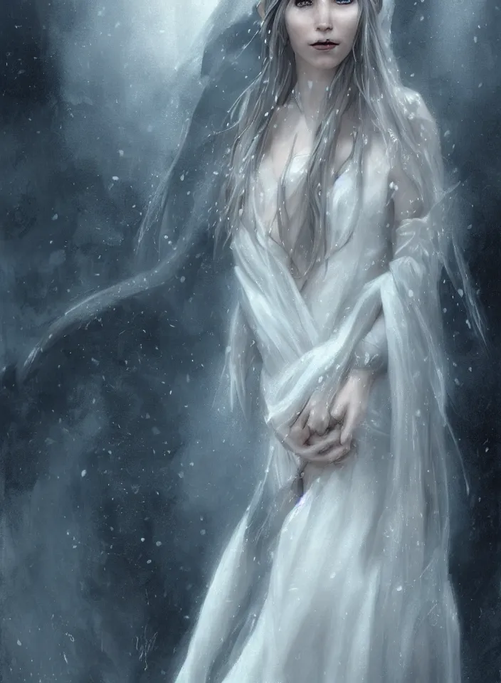 Image similar to a closeup portrait of an elven sorceress from skyrim wearing a white dress, fantasy setting, cold environment, serene colors, soft lighting, atmospheric, cinematic, moody, in the style of diego koi, gina heyer, luiz escanuela, art by alyssa monk, depth, hyperrealism, rule of thirds, golden ratio, oil on canvas, 8 k