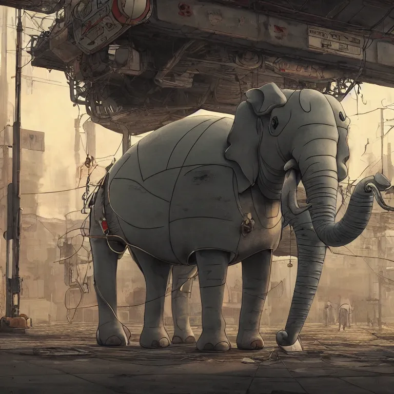 Prompt: a robotic elephant walking through an abandoned gas station in the style of howl's moving castle, 7 0's science fiction comics and enki bilal, cyberpunk, mystical, 8 k, high definition, realism, octane render, cinematic lighting