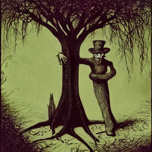 Prompt: so rested he by the tumtum tree and stood awhile in thought | by lewis carroll and hp lovecraft with doctor seuss and hr giger