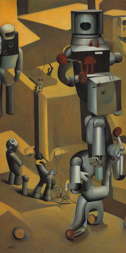 Prompt: robots falling down a deep shaft, grant wood, pj crook, edward hopper, oil on canvas