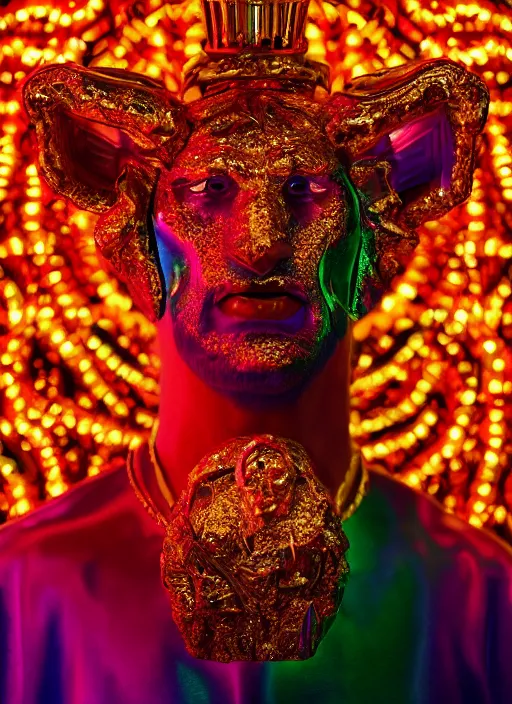 Image similar to photo of baroque and bladerunner delicate neon ruby sculpture of seductive albino king william levy tigers orange iridescent humanoid deity wearing metallic hoody made out of leaves holding the sun prismatic dungeon, glowing rainbow face, crown of white diamonds, cinematic lighting, photorealistic, octane render 8 k depth of field 3 d