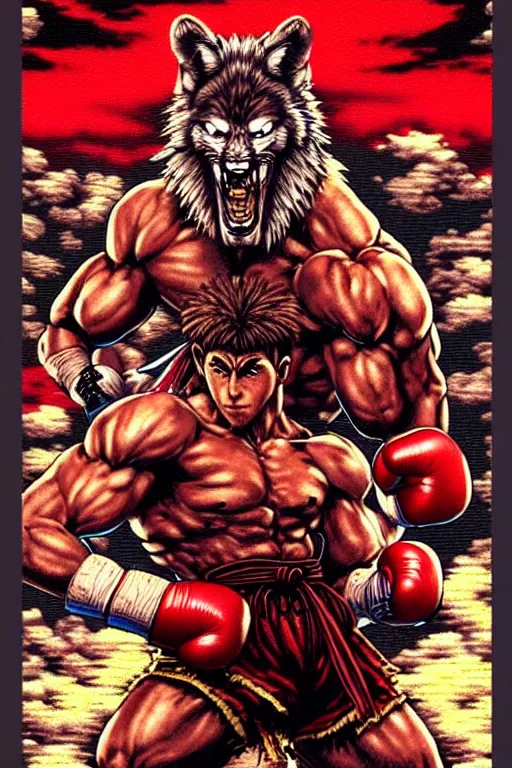 Prompt: extreme long shot. 8 bit nes graphics. antropomorphic muscular masculine wolf. kickboxer fighter, in shorts. streetfighter. wolf head. fine details, very sharp, art from nes game cartridge, vhs colors, vaporwave style, marc simonetti and hermann nitsch