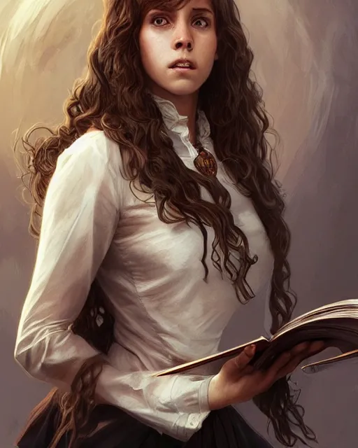 Image similar to ultra realistic illustration, hermione granger from the chamber of secrets, intricate, elegant, highly detailed, digital painting, artstation, concept art, smooth, sharp focus, illustration, art by artgerm and greg rutkowski and alphonse mucha