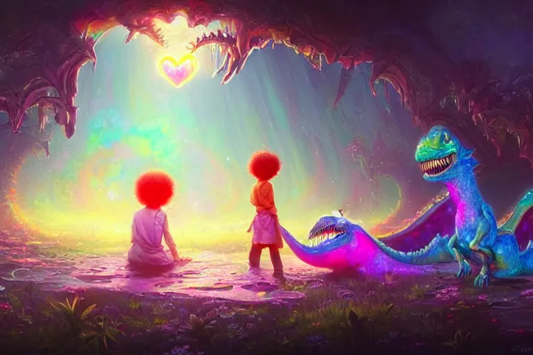 Image similar to a psychedelic realm made entirely out of love and acceptance, astral beings sharing love. filled with cute smiling glowing chibi style pixar baby dinosaurs in the style of greg rutkowski! and wlop and lisa frank! and bob ross!!! and ruan jia, illustration, epic, fantasy, hyper detailed, smooth, unreal engine, sharp focus, ray tracing