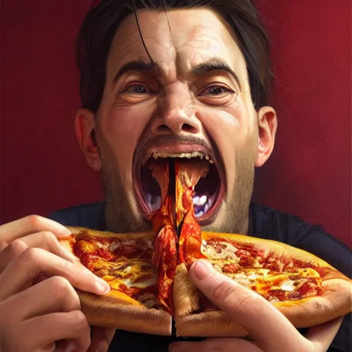 Image similar to portrait of weird tony opening his mouth to eat pizza, highly detailed, digital painting, artstation, concept art, sharp focus, illustration, art by artgerm and greg rutkowski and alphonse mucha