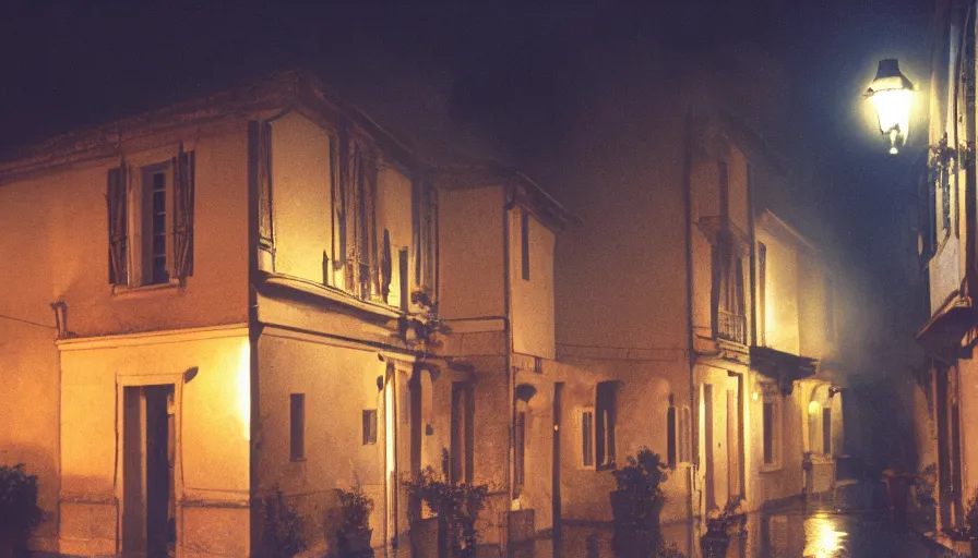 Prompt: 1 9 7 0 s movie still of a heavy burning french style townhouse in a small french village by night rain, cinestill 8 0 0 t 3 5 mm, heavy grain, high quality, high detail, dramatic light, anamorphic, flares