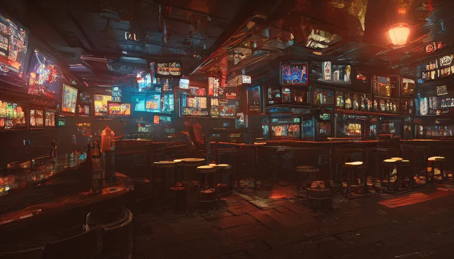 Prompt: cyberpunk themed pub, very detailed, octane render, 4 k, trending on artstation