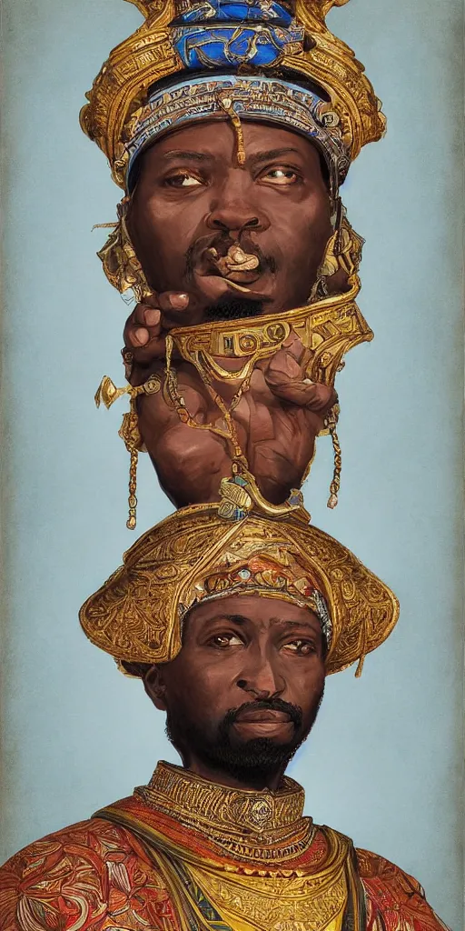 Prompt: a stunning and noble highly detailed romantic period style portrait of mansa musa by josep tapiro baro, by james jean, by kim jung gi, trending on artstation, oil painting masterpiece, symmetry, mysterious, very very very aesthetic, african iconography