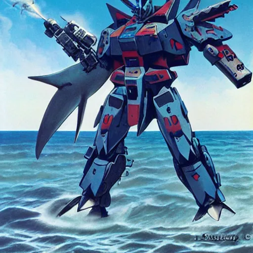 Image similar to shark gundam, amphibious combat mecha stepping onto a beach holding a scifi weapon by wayne barlowe, pascal blanche, gundam box art