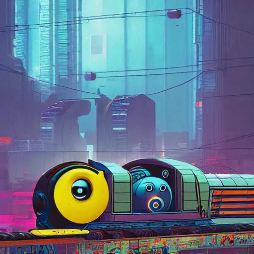 Image similar to cyberpunk thomas the tank engine, style of simon stalenhag