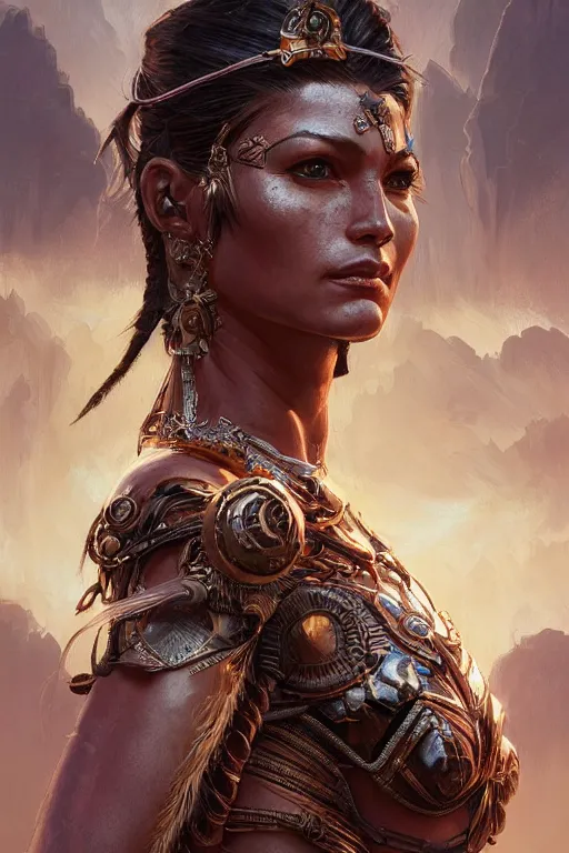 Image similar to portrait of a female Amazon warrior looking fierce, sci-fi, fantasy, intricate, dramatic studio lighting, highly detailed, high contrast, backlit, cgsociety, artstation, octane render, unreal engine, concept art, sharp focus, art by artgerm and greg rutkowski and alphonse mucha