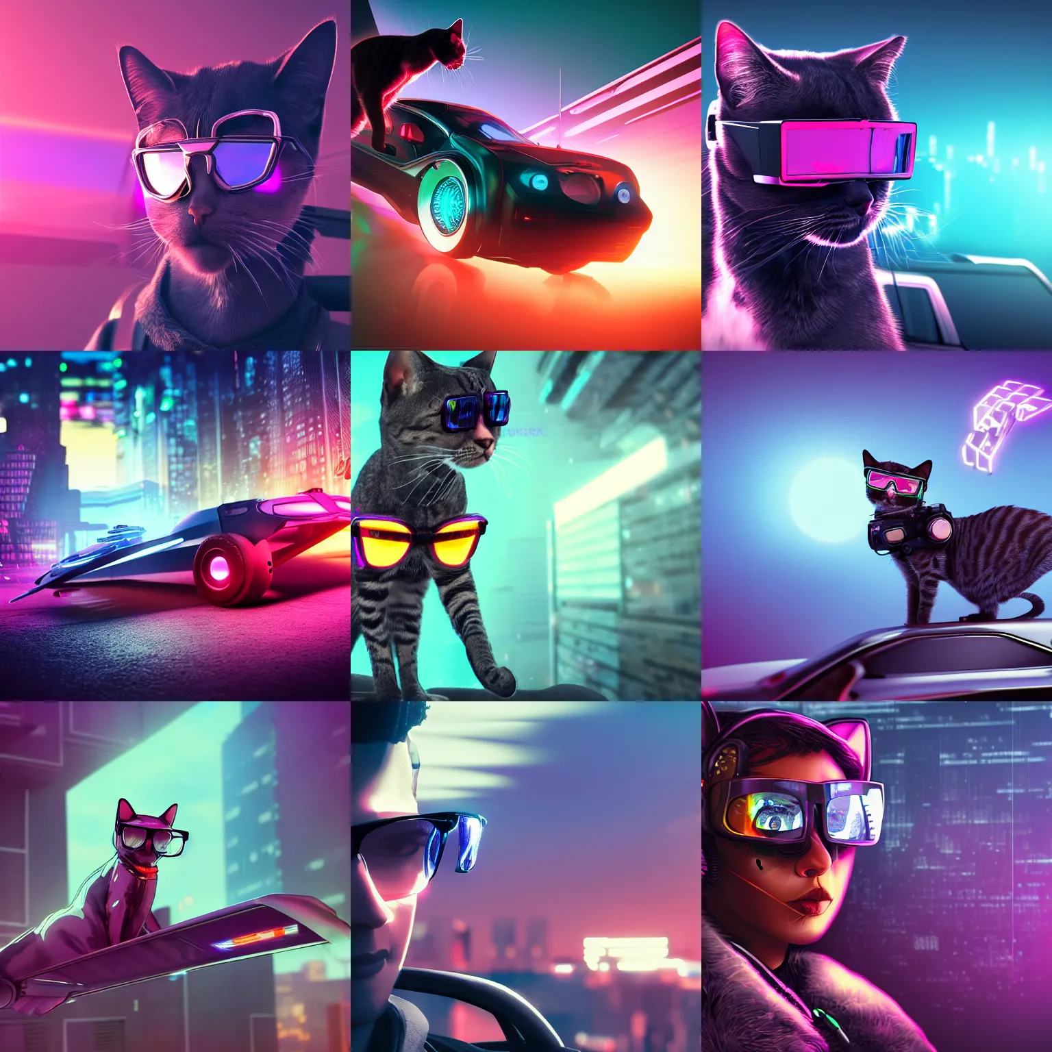 Prompt: an intelligent cat in cyberpunk glasses is riding a flying car. cyberpunk, synthwave, 8 5 mm professional close up shot, dramatic volumetric lighting, award winning digital art, artstation