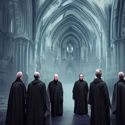 Prompt: a detailed matte painting of a group of 7 senior priests in black robes with their hood up and pitch black eyes, concept art, evil cathedral, incense smoke drifting through the air, portrait, artstation, volumetric lighting, exquisite detail, octane render, 8 k postprocessing