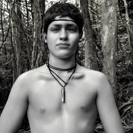 Prompt: male teenager, around 1 9 years old, with scar on his face. wearing tribal necklace and loincloth in deep and eerie forest