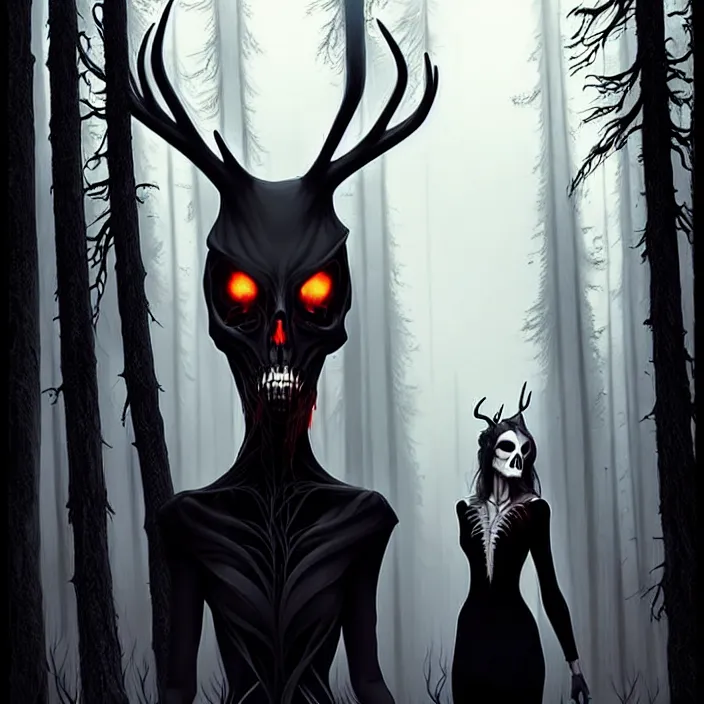 Image similar to style artgerm, joshua middleton, diego fazio, gerald brom : : scary wendigo with antlers and skull face mixed with werewolf : : [ beautiful witch wearing a black dress, symmetrical face, on the right side ] : : in the forest, detailed, dark and foggy, cinematic lighting