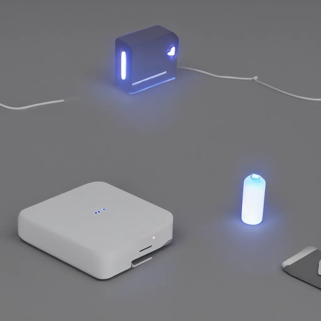 Prompt: prototype smart assistant device, futuristic with neon edges