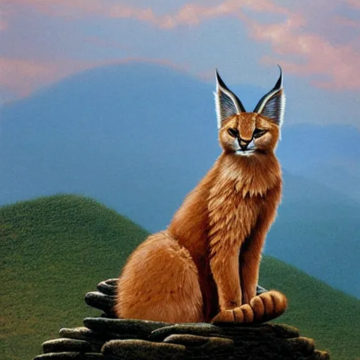 Image similar to a cute fluffy caracal on a high hill landscape with a circle of four large stones like fingers on the top, by ted nasmith