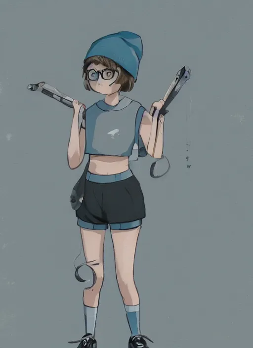 Prompt: Outfit concept of an anime girl wearing a black grey and blue crop top, rounded eyeglasses, a beanie, and sneakers grey. painted by Simon Stålenhag, high quality