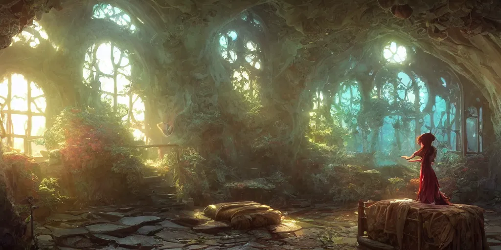 Image similar to a room in a fairy castle, stephen bliss, unreal engine, fantasy art by greg rutkowski, loish, rhads, ferdinand knab, makoto shinkai and lois van baarle, ilya kuvshinov, rossdraws, tom bagshaw, alphonse mucha, global illumination, radiant light, detailed and intricate environment