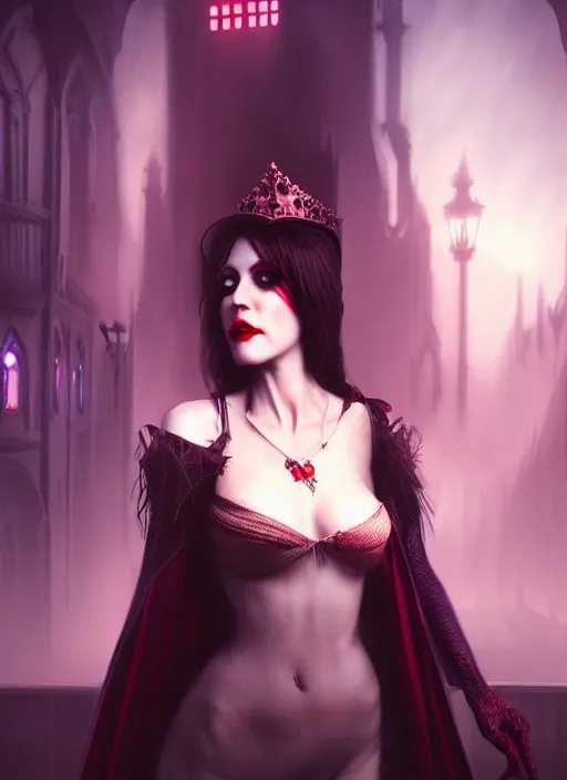 Image similar to realistic matte painting, full length portrait, the duchess of blood owns the las vegas night, vampire, highly detailed, CGsociety, subtle, concept art, HDR, hyper realistic, volumetric lighting, subsurface scattering, unreal