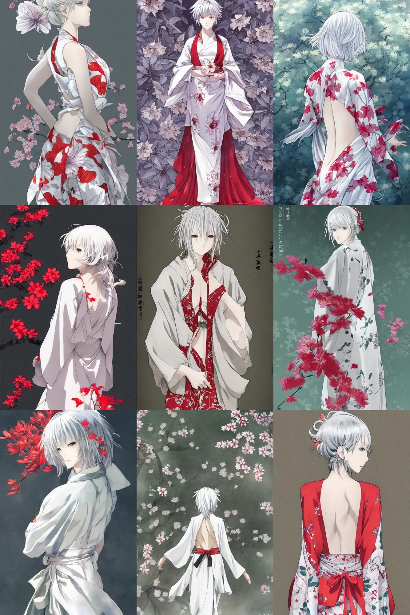 Prompt: beautiful girl, silver hair, white kimono with complex red flower patterns, full body, looking to camera, showing her back, cute, ilustration by Takehiko Inoue ((and Krenz Cushart))