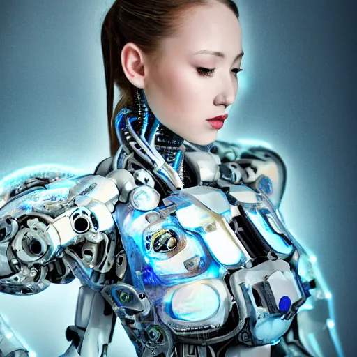 Image similar to beautiful centered fine art photo portrait of graceful girl with solarpunk mecha humanoid parts with led lights, serpentine pose gesture, photorealistic, white background, highly detailed and intricate, soft box lighting, shallow depth of field hdr 8 k