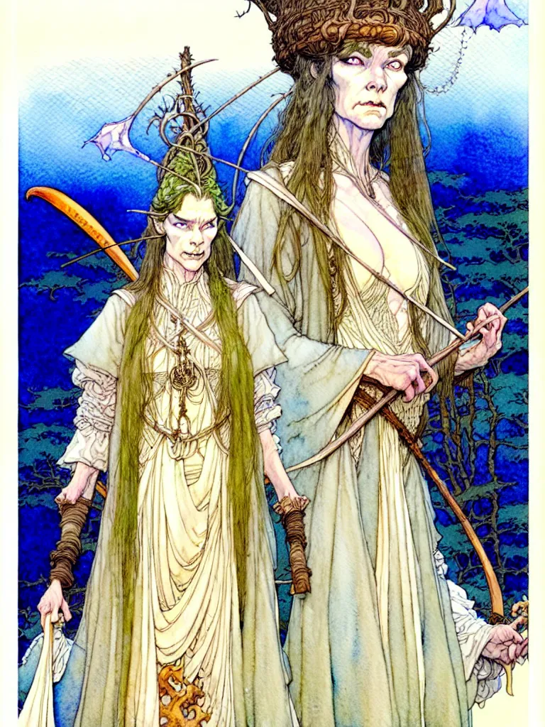 Image similar to a beautiful and very detailed character concept watercolour portrait painting by alan lee, rebecca guay, michael kaluta, charles vess and jean moebius giraud of a sanna marin, the prime minister of finland as a druidic wizard