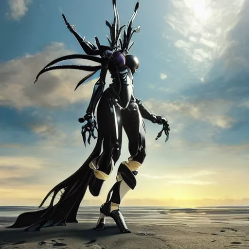 Prompt: looking up at a highly detailed 300 foot tall giant exquisite beautiful female warframe, as an anthropomorphic robot dragon, posing elegantly over your tiny form, camera on the ground, at the beach on a sunset, sleek streamlined design, streamlined matte black armor, sharp detailed claws, detailed sharp robot dragon feet, giantess shot, upward shot, ground view shot, front shot, cinematic shot, high quality warframe fanart, captura, realistic, professional digital art, high end digital art, furry art, giantess art, anthro art, DeviantArt, artstation, Furaffinity, 8k HD render, epic lighting