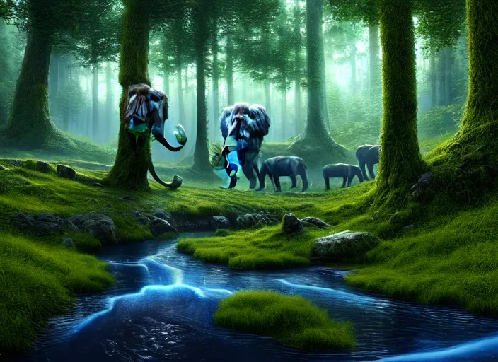 Image similar to hyperrealism, detailed textures, photorealistic 3 d render, a surreal mystical forest with a bright winding blue creek, wooly mammoths grazing, sharp focus, ultra realistic, ultra high pixel detail, cinematic, intricate, cinematic light, concept art, illustration, art station, unreal engine