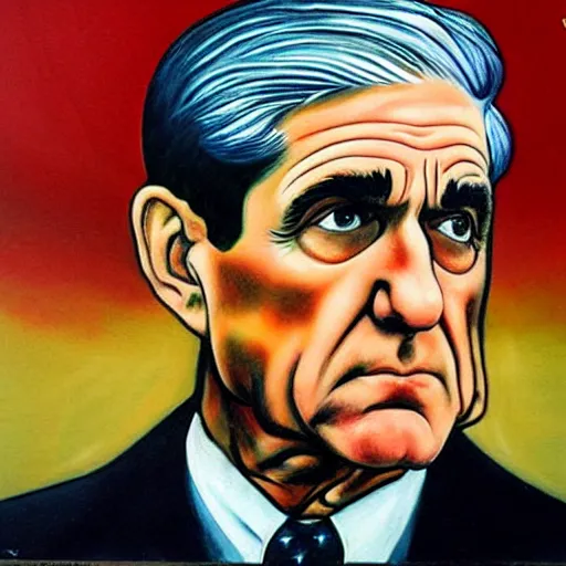 Prompt: surreal socialist realist painting of robert mueller!!! standing with folded arms, polish movie poster