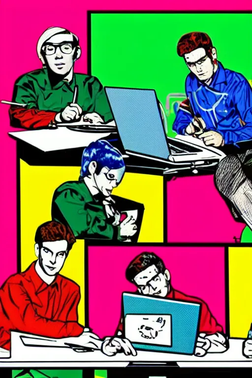 Prompt: 5 men writing code on laptops around a table, pop art, warhol