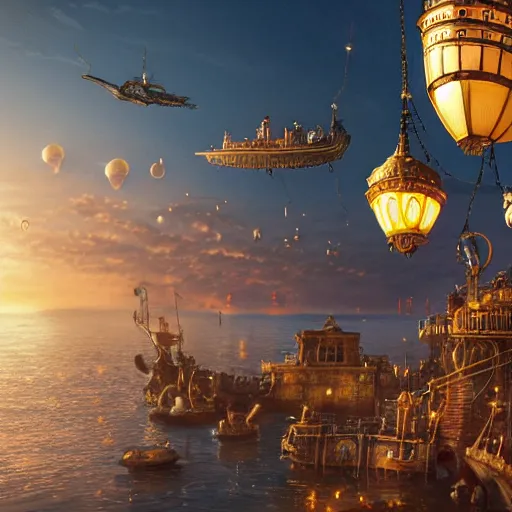 Image similar to A beautiful photograph of a detailed ornate steampunk airship flying over a majestic mediterranian port city filled with tiny glowing lanterns with a view of the ocean at sunset, by David Noren, jordan grimmer, tyler edlin, featured on cgsociety