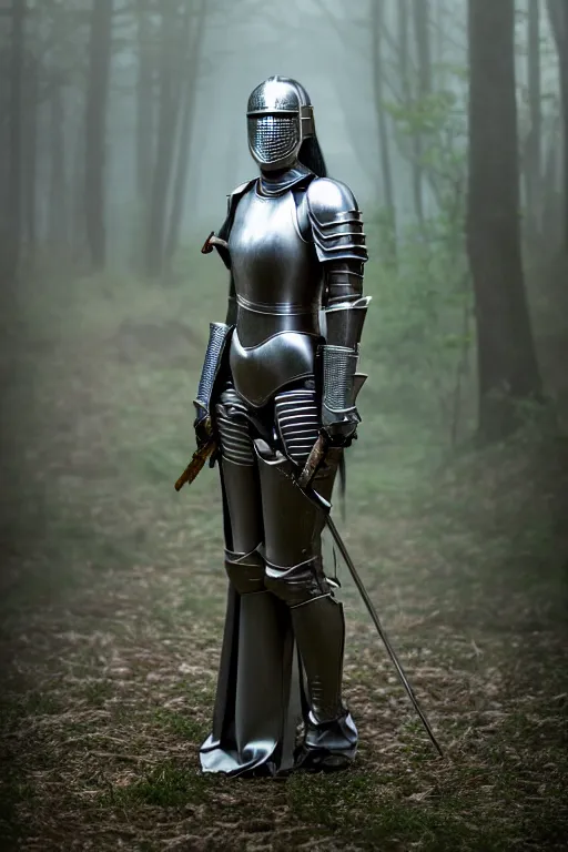 Prompt: portrait of female knight in the wild nature, dressed, symmetry, cinematic, elegant, sci - fi, dark fantasy light, perfect composition, dlsr photography, sharp focus, 4 k, ultra hd, sense of awe, by wayne barlowe