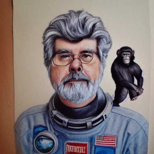 Image similar to pencil art, realistic self portrait, astronaut a and two chimpanzees, style of george lucas.