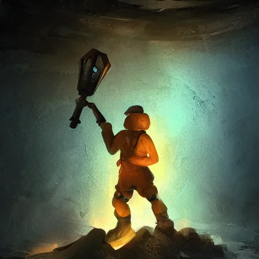 Image similar to deep underground, an explorer holding up a torch finds a cursed gem. , concept art, trending on artstation 3D.