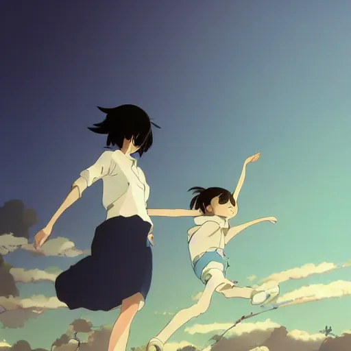 Image similar to woman with child by yoh yoshinari, makoto shinkai, dynamic composition, dynamic perspective woman with child by yoh yoshinari, makoto shinkai, dynamic composition, dynamic perspective, cel shaded