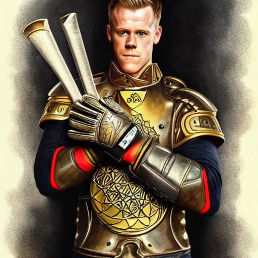 Image similar to Ter Stegen holding an explosive, goalkeeper, football pitch, D&D, fantasy, intricate, elegant, highly detailed, digital painting, artstation, concept art, matte, sharp focus, illustration, art by Artgerm and Greg Rutkowski and Alphonse Mucha