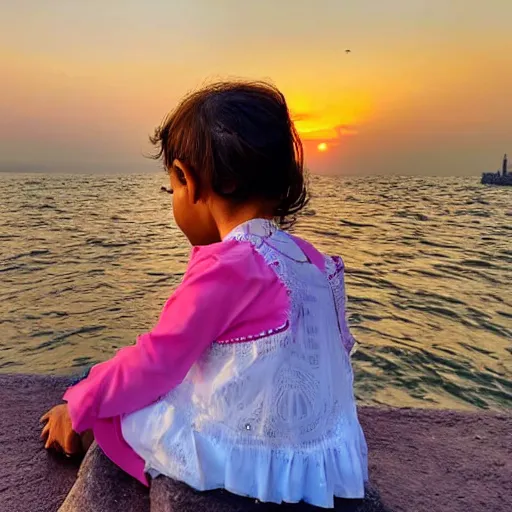 Prompt: a young baby girl sitting in mumbai watching the sunset