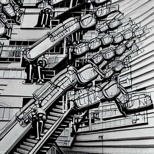 Prompt: robots marching on stairs by MC Escher