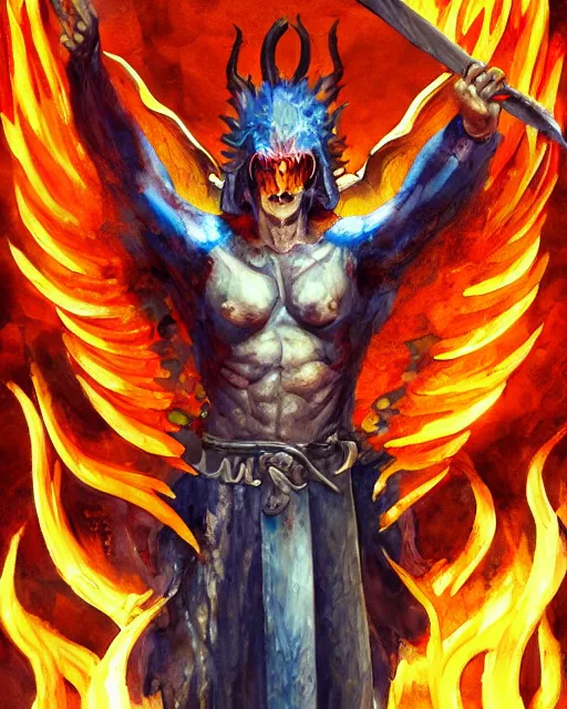 Image similar to a oil / watercolor painting full body character portrait of a demonic angel wielding a broken sword coated in fire in the style of moebius in the style of leonard boyarsky trending on artstation deviantart pinterest detailed photorealistic highlights and shadow hd 8 k post - processing high resolution