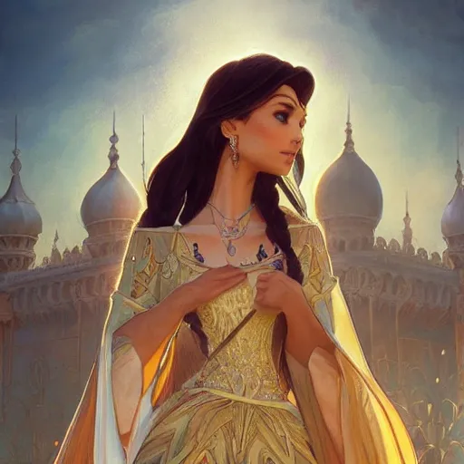 Image similar to beautiful princess jasmin, disney, palace background, intricate, elegant. highly detailed, digital painting, artstation, concept art, smooth, sharp, focus, illustration. art by artgerm and greg rutkowski and alphonse mucha