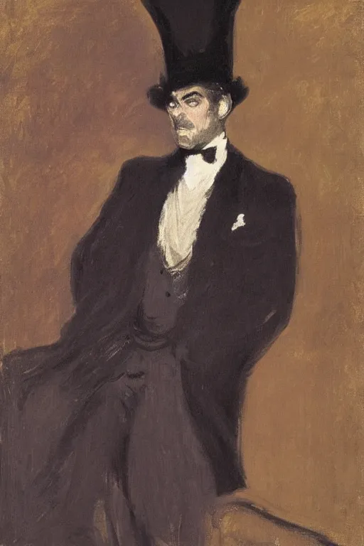 Image similar to psychedlelic portrait of george clooney as a gentleman wearing an edwardian suit and top hat by walter sickert, john singer sargent, and william open