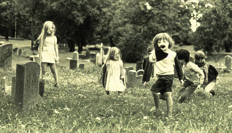 Image similar to 7 0 s film still from a horror movie of young children playing in a graveyard, kodachrome, cinecolor, cinestill, photorealism, cinematic, film grain, film texture, vhs recording