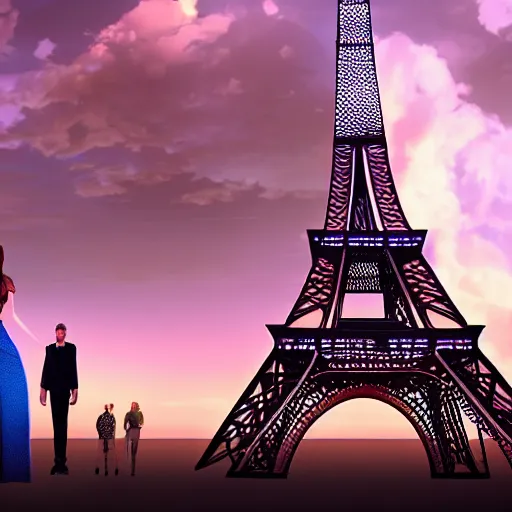 Image similar to A young beautiful giantess the size of Eifel tower standing next to a small man, beautiful lighting,digital art , highly detailed , high contrast, beautiful lighting, award winning , trending on art station, 8k, photorealistic,unreal engine 5