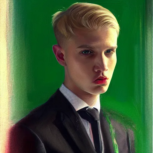 Image similar to A beautiful painting of a young man, blonde, wearing a suit, oil painting, green eyes, gloomy lighting, hyper detailed, trending on artstation