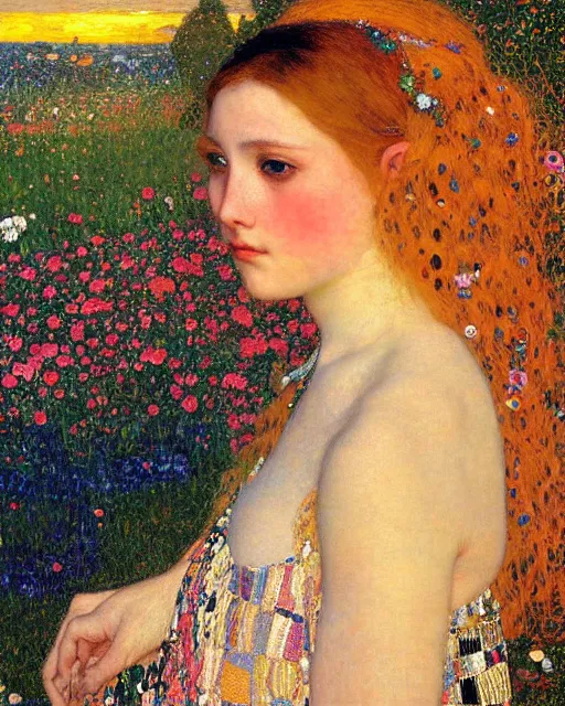 Image similar to a beautiful girl watching the sunset surrounded by colourful intricate patterns, by gustave klimt edgar maxence and caravaggio and michael whelan, intricate painting, hyper realistic, extremely detailed and beautiful aesthetic face, 8 k resolution