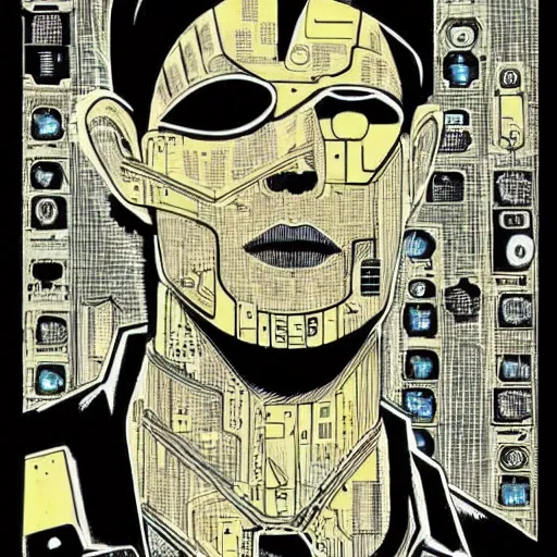 Prompt: a face covered in computer circuits, scifi, bladerunner, cyberpunk, heavy ink, yellow, illustration by mike mignola