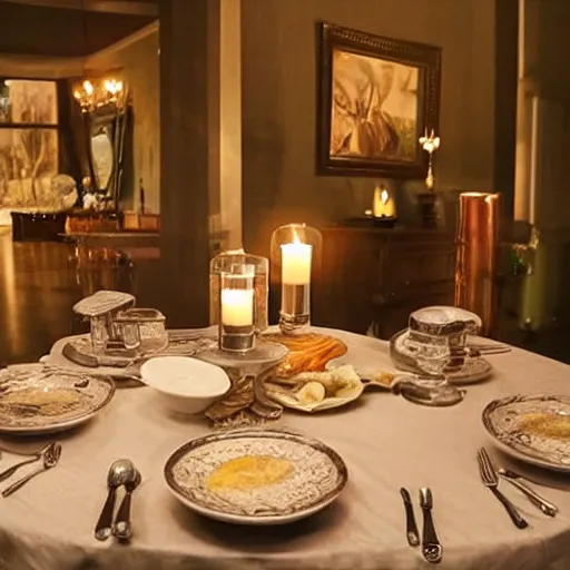 Image similar to dining room in a dark mansion, realistic, highly detailed, rests of food, candle lighting