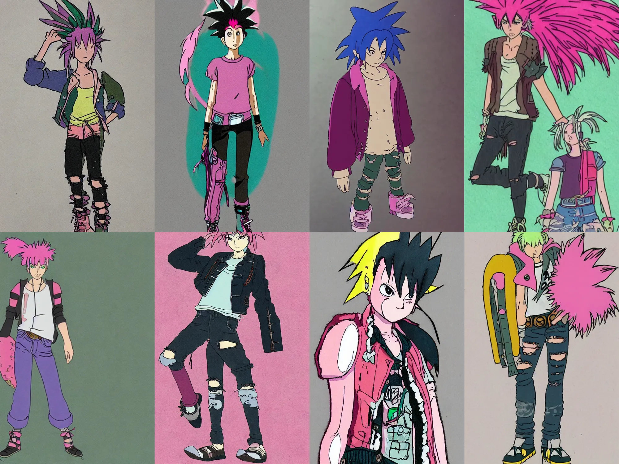Prompt: cell from studio ghibli film of a punk with a pink mohawk and ripped jeans