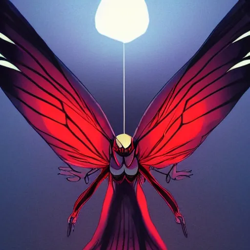 Image similar to photo of mothman with giant wings, cel animation by Junji Ito and Satoshi Kon, professionally post-processed , beautiful, scary, symmetry accurate features, epic, octane rendered, anime masterpiece, accurate